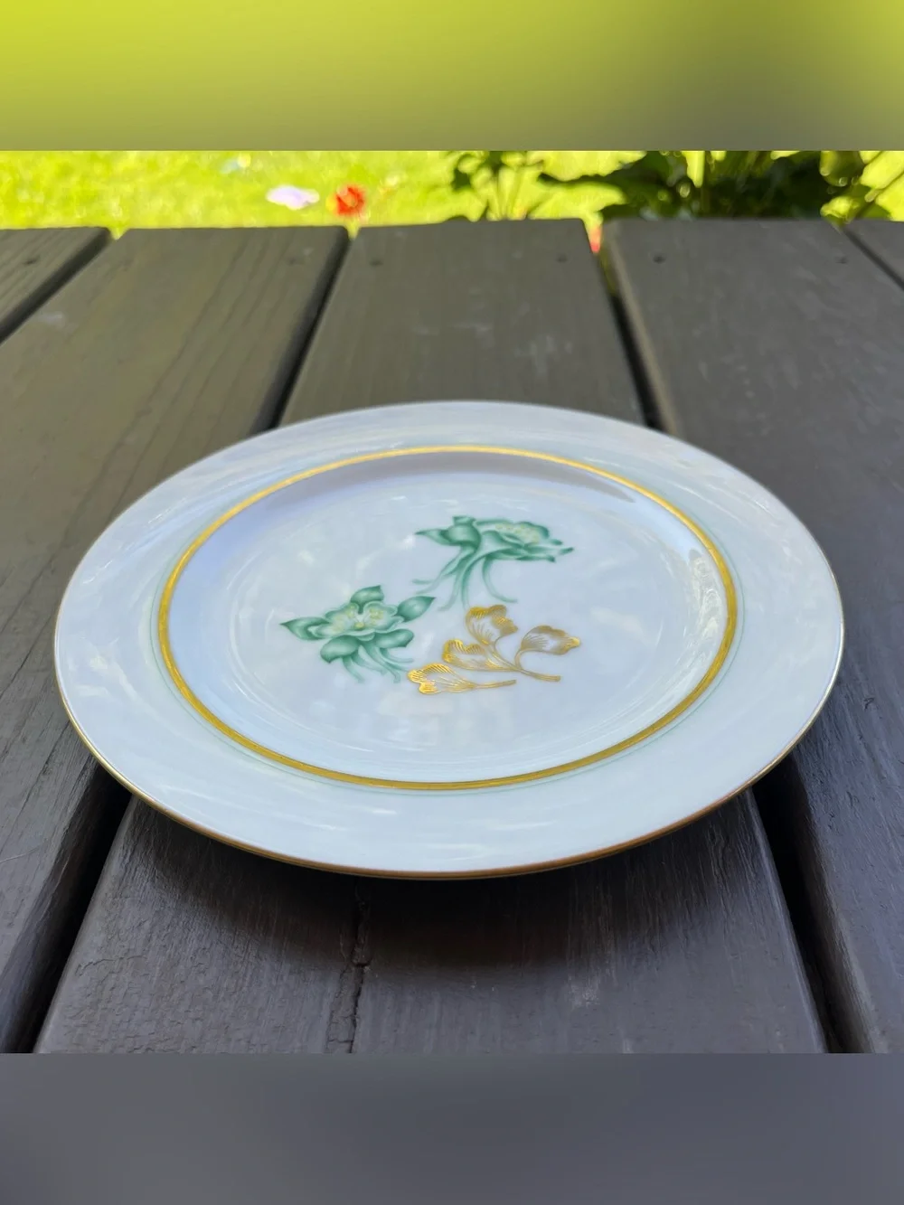 Vintage Wentworth China Columbine Green Floral Salad Plate Gold Trim Cottagecore